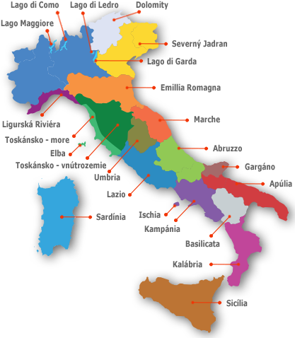 Dovolená Itálie - mapa oblastí v Itálii