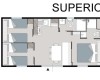 Pôdorys izby typu superior s dvoma spálňami, kuchyňou a kúpeľňou.  