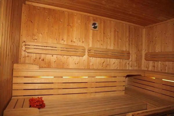 Drevená sauna s lavicami a vedrom s listami v rohu.