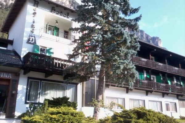 Hotel s balkónmi a ihličnanom pred fasádou.