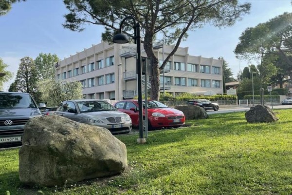 Budova za parkoviskom s autami, obklopená stromami a trávnikom s kameňmi.