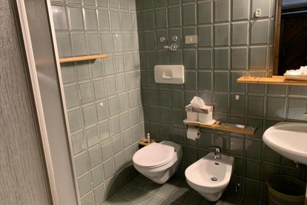 Kúpeľňa s toaletou, bidetom a umývadlom obložená šedými dlaždicami.  