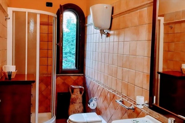 Kúpeľňa s hnedými dlaždicami, sprchovacím kútom, toaletou a oknom s výhľadom na zeleň.