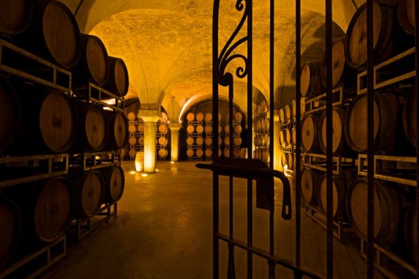 Hala vinárskej pivnice s radmi sudov a kovovými dverami v popredí.