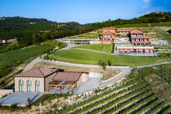Vinárstvo na svahu s vinicami v zelenej krajine.