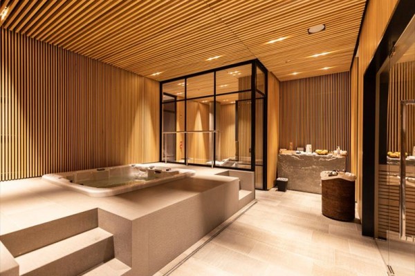 Moderná wellness miestnosť s vírivkou a drevenými stenami.