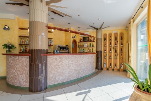 Štýlový bar s drevenými dekoráciami a vystavenými fľašami alkoholu na žltej stene.