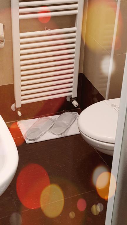 Kúpeľňa s toaletou, radiátorom a papučami na podložke.