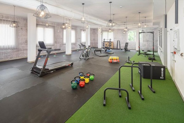 Moderná posilňovňa s rôznymi fitness zariadeniami a cvičebnými pomôckami na zelenom koberci.