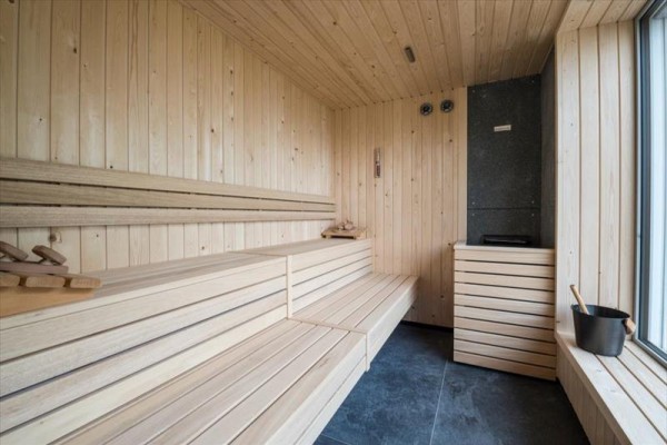 Drevená sauna s lavičkami a pecou.