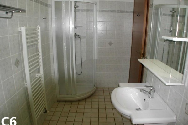 Kúpeľňa s rohovým sprchovým kútom, umývadlom a vykurovacím rebríkom.