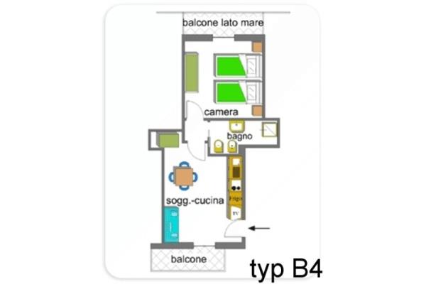 Pôdorys bytu typu B4 so spálňou, kúpeľňou, obývaco-kuchyňou a dvoma balkónmi.