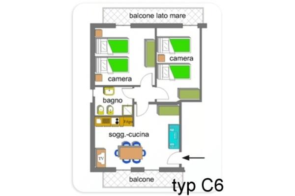 Pôdorys bytu typu C6 s dvomi spálňami, kúpeľňou, obývacou izbou s kuchyňou a dvoma balkónmi.