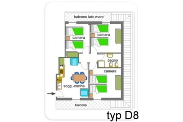 Pôdorys bytu typu D8 s tromi spálňami, obývacou kuchyňou, kúpeľňou a balkónmi.